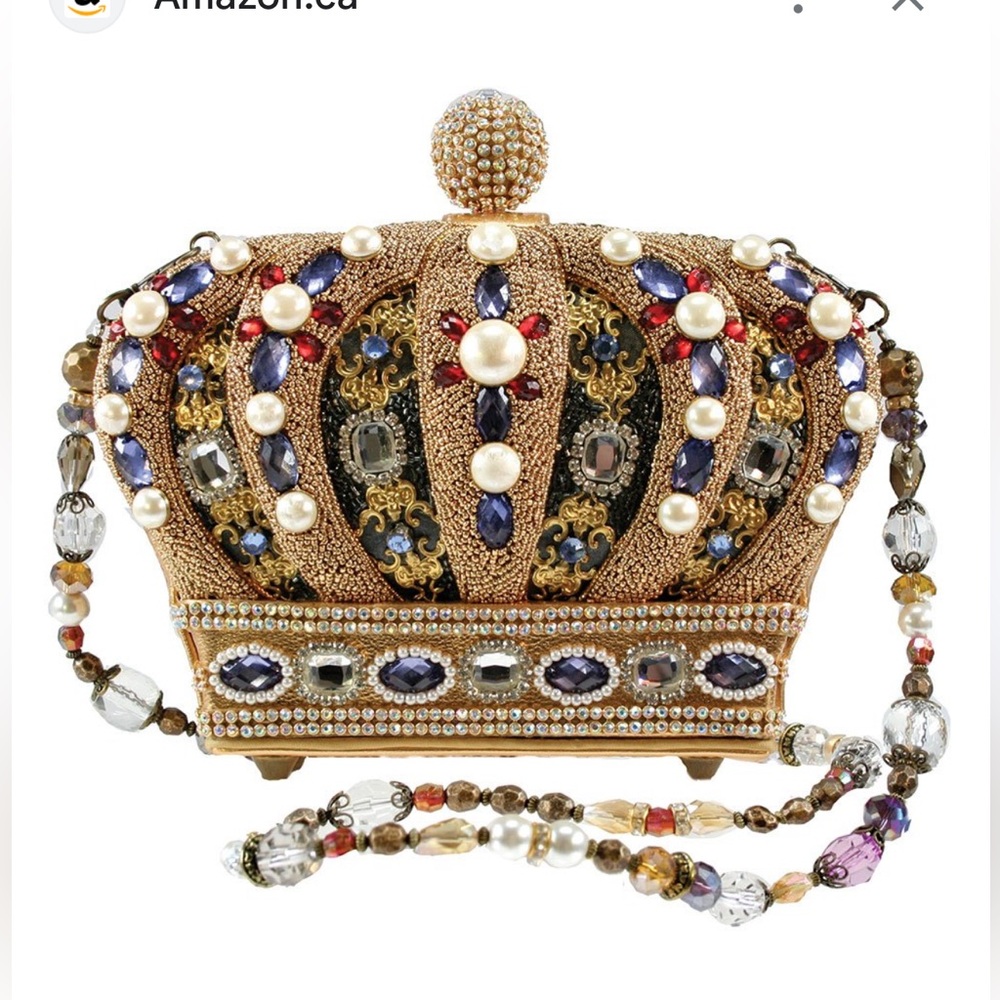 Mary Frances “Queendom” Gold Hand Beaded Jeweled Queen Clutch with Pearl Accents